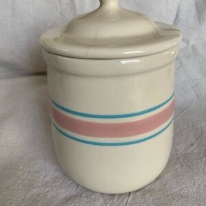 Vintage McCoy Crock Canister w/Lid, Cream Pink Blue Striped, #133 Pottery